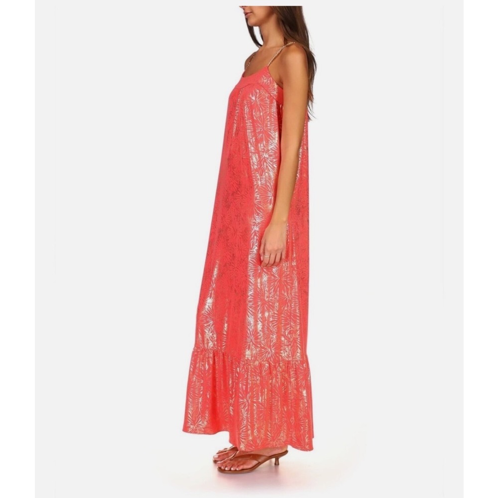 Michael Kors Coral Gold Foil Palm Leaf Chain Strap Maxi Dress Womens Pink Medium - Picture 2 of 9